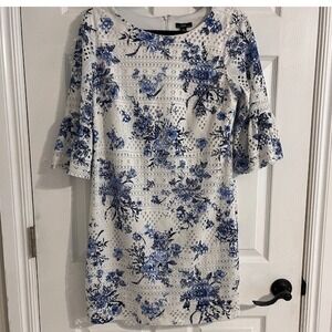 R&K Floral‎ Lace Dress Bell Sleeve White Blue Party Cocktail Size 10
